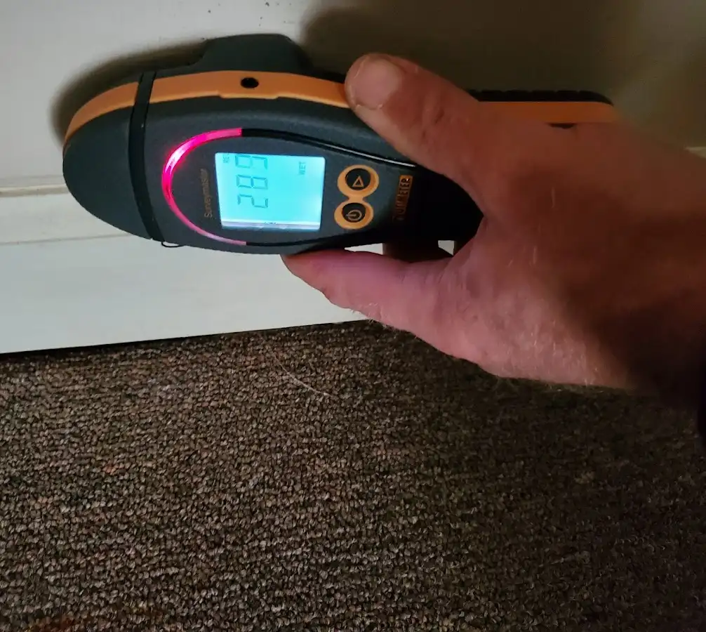 Moisture detection at baseboard during Storm Damage Restoration in Belding